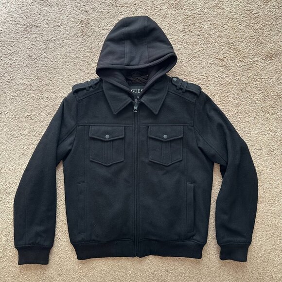 Guess Coat Mens Large Wool Blend Black Hood Full Zip Pockets Insulated Jacket - Picture 1 of 12